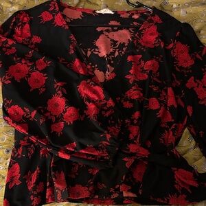 Floral Black and Red Wrap Blouse